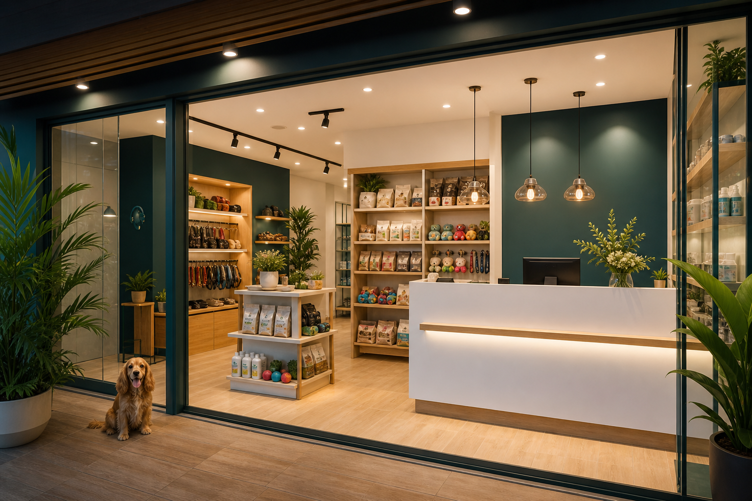 Interior moderno de veterinaria y pet boutique